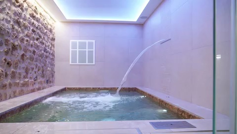 Loft SPA living room with stone wall